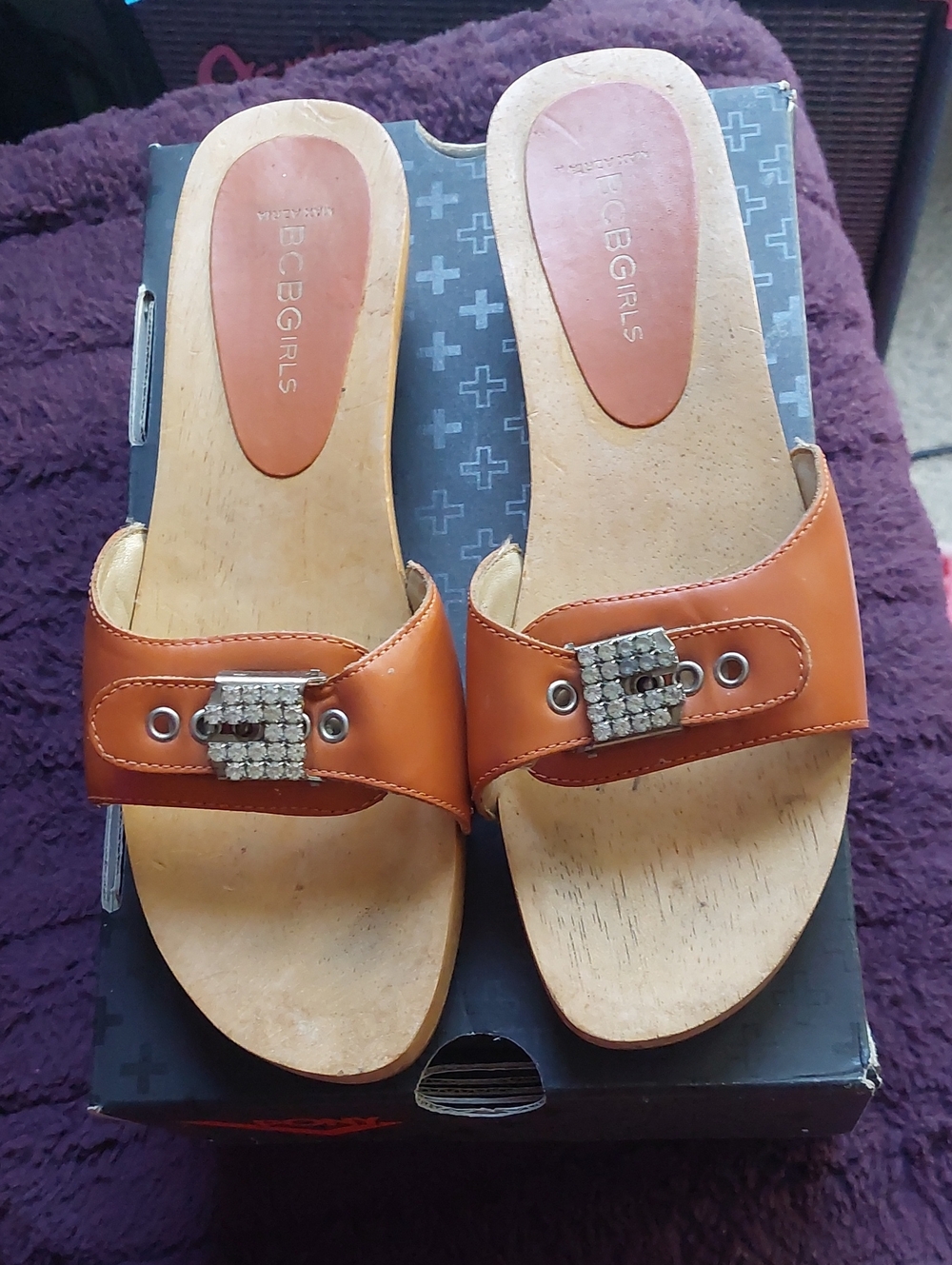 BCBGirls Orange Leather Slip-On Mules with Crystal Buckle